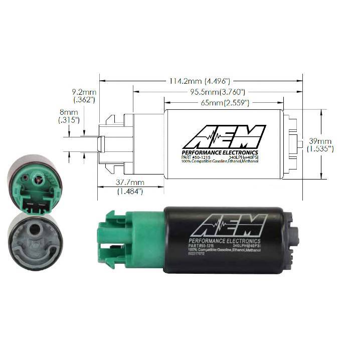 AEM 340LPH E85 High Flow In-Tank Fuel Pump (65mm, Hooks, Offset Inlet)