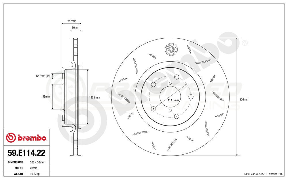 Brembo TY3 Slotted Sport Front Brake Rotors PAIR - Subaru STI 05-17 (5x114.3, 326x30mm)