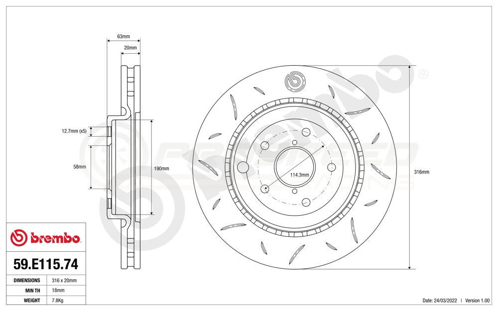 Brembo TY3 Slotted Sport Rear Brake Rotors PAIR - Subaru STI 08-17 (5x114.3, 316x20mm)