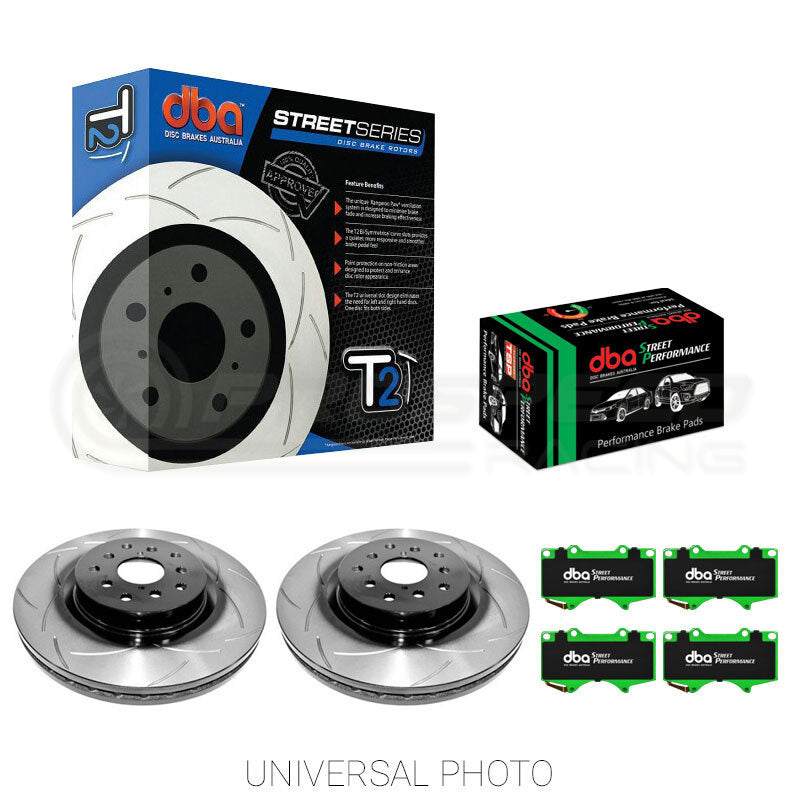 DBA T2 Slotted Front Rotors with DBA Street Performance Pads - WRX 09-14/BRZ/Forester SG/SH/86 GTS