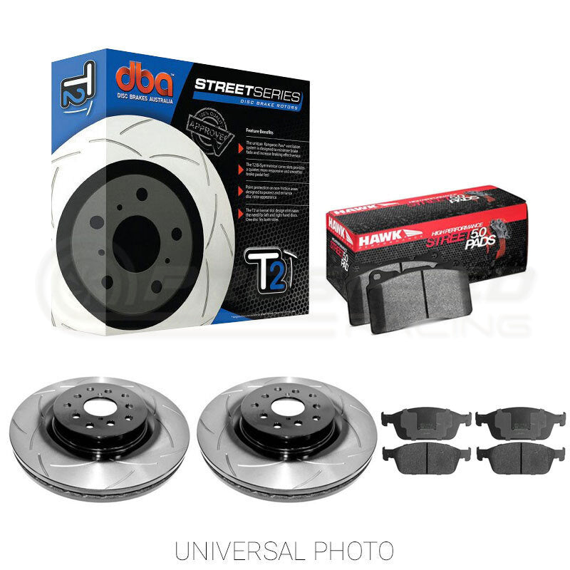 DBA T2 Slotted Front Rotors w/Hawk Performance HPS 5.0 Pads - WRX 09-14/BRZ/Forester SG/SH/86 GTS