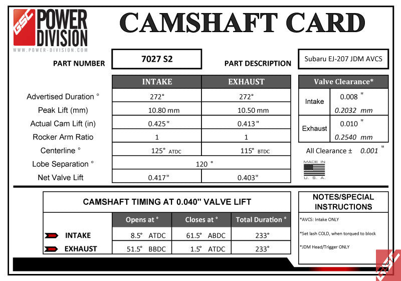 GSC S2 Billet Camshaft Set 272/272
