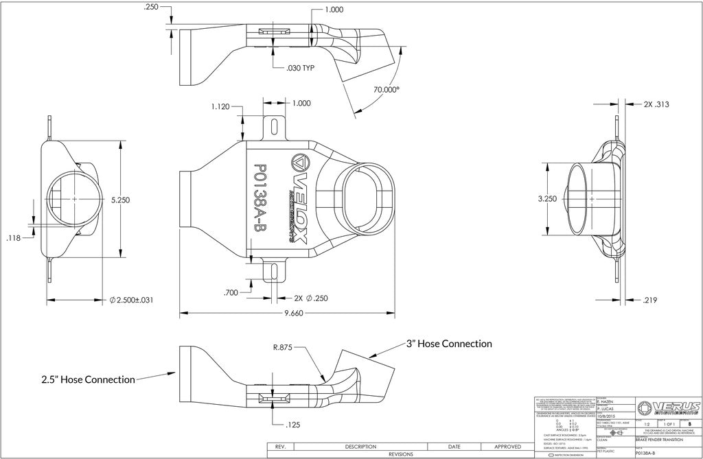 Verus Engineering Pancake Duct Set, 3" Inlet, 2.5" Outlet