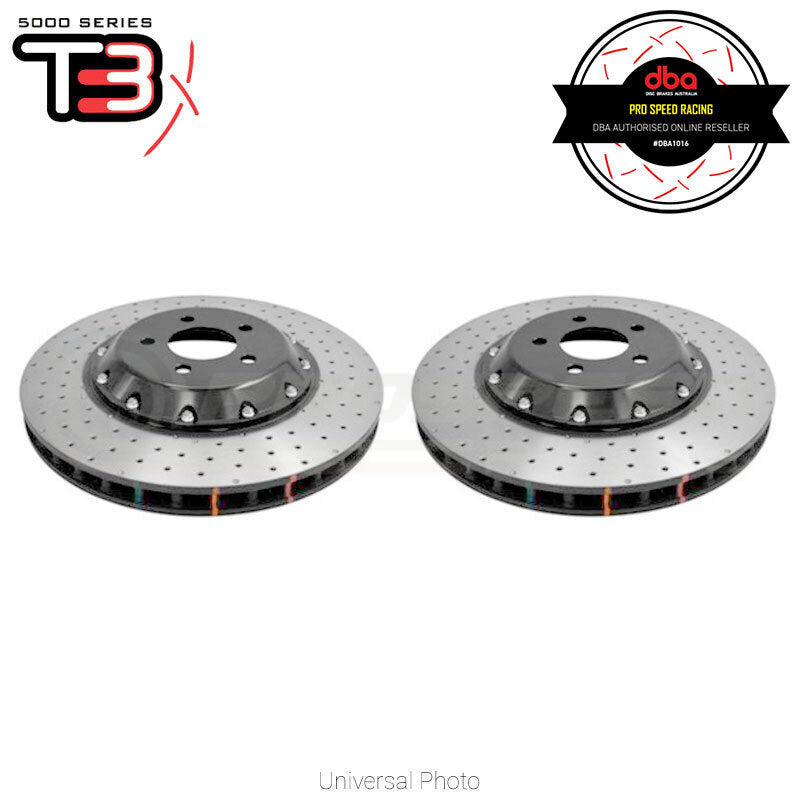 DBA 5000 XD Series 2-Piece Drilled/Dimpled Rotors PAIR Black Hat - Subaru STi 18+ Brembo 6 Pot Yello