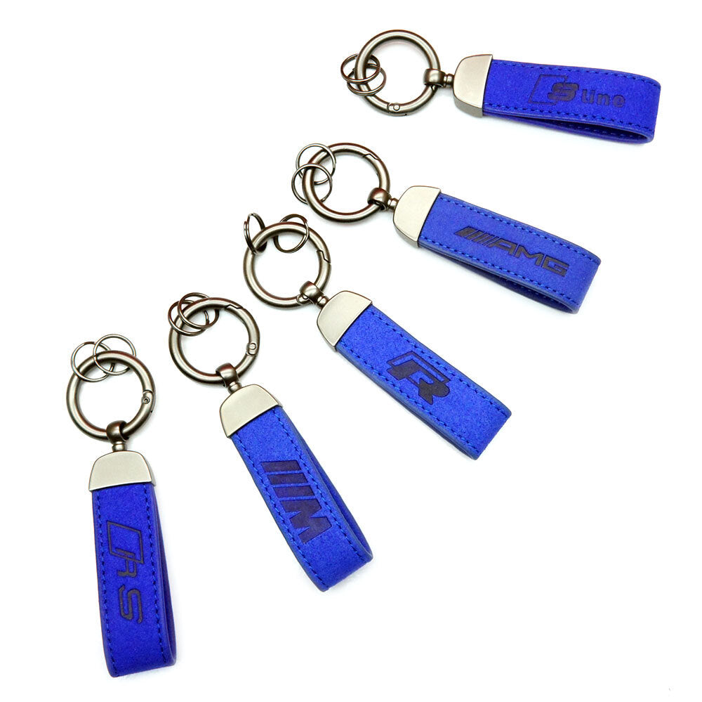 PSR Deluxe Leather Jet Tag Key Ring Blue w/Mercedes Benz AMG Logo
