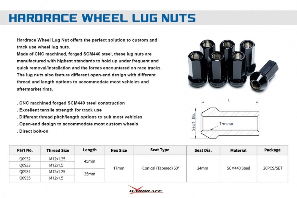 Hardrace Motorsports SCM440 Hex-17 Wheel Nuts M12 X 1.25 35mm