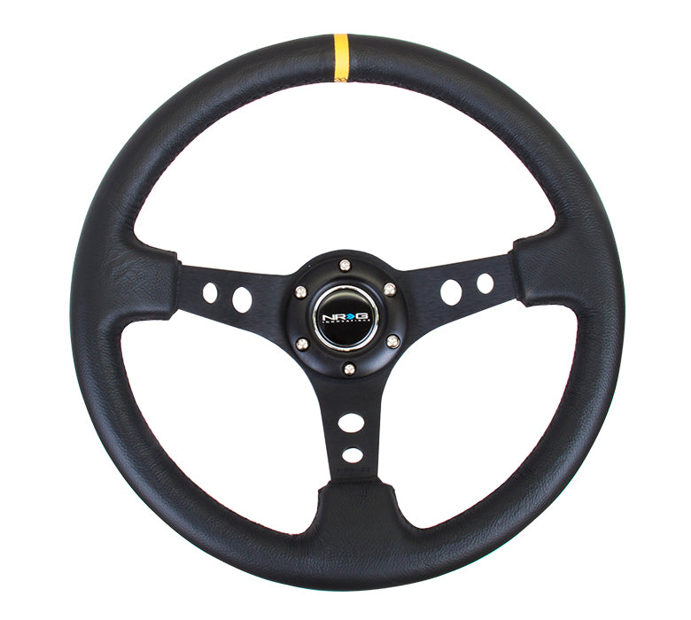 NRG Reinforced 350mm Sport 3" Deep Dish Steering Wheel - Black Hole Spoke/Black Leather/Black Stitch w/Yellow Stripe