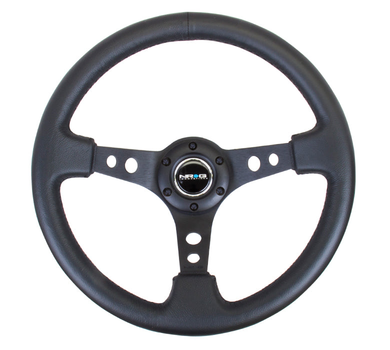 NRG Reinforced 350mm Sport 3" Deep Dish Steering Wheel - Black Hole Spoke/Black Leather/Black Stitch