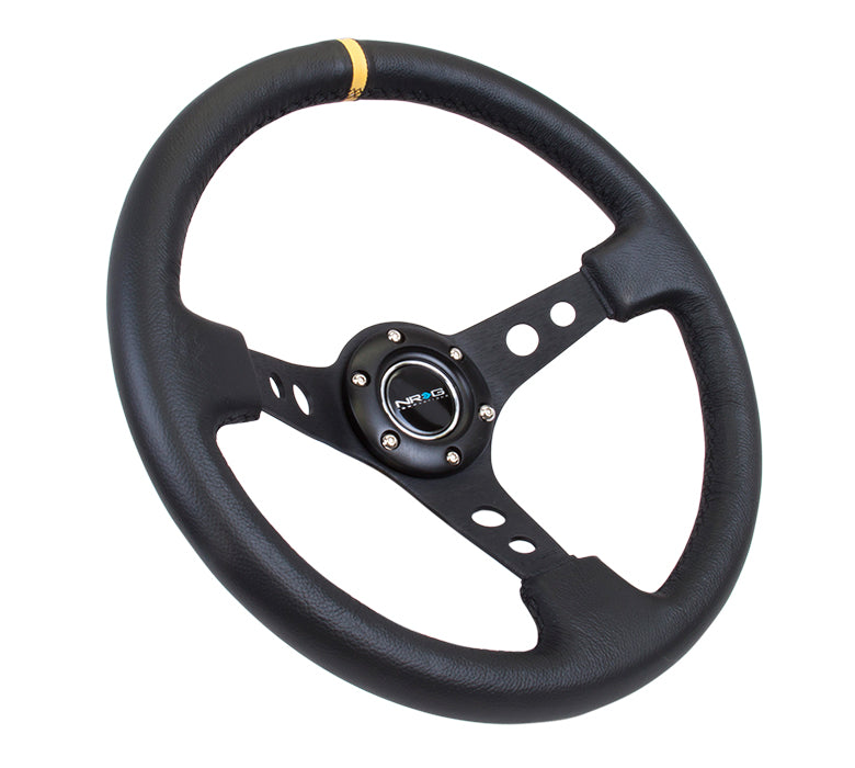 NRG Reinforced 350mm Sport 3" Deep Dish Steering Wheel - Black Hole Spoke/Black Leather/Black Stitch w/Yellow Stripe