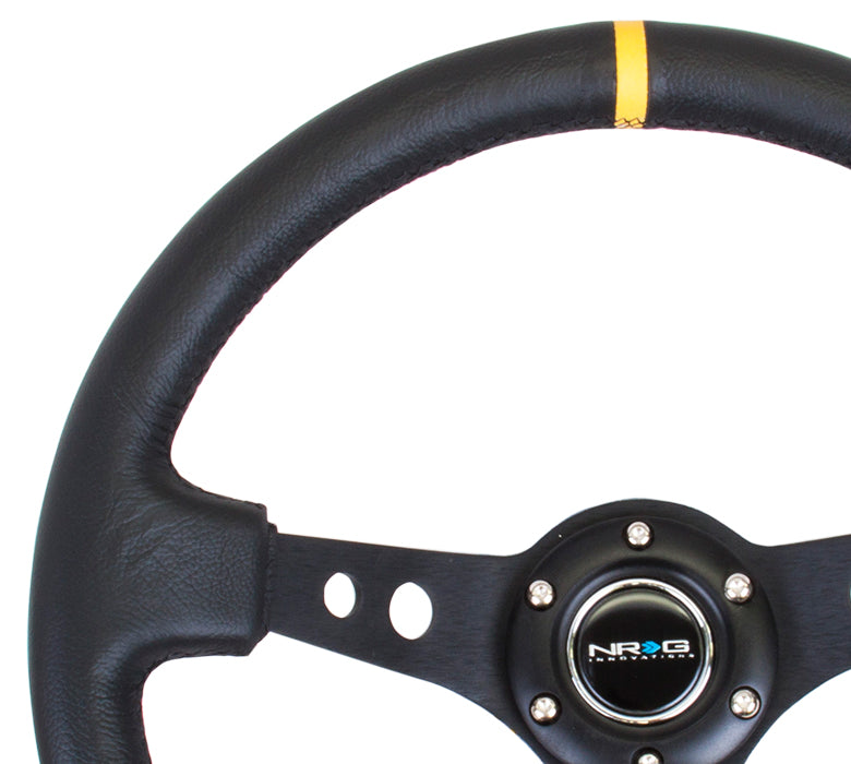 NRG Reinforced 350mm Sport 3" Deep Dish Steering Wheel - Black Hole Spoke/Black Leather/Black Stitch w/Yellow Stripe