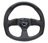 NRG Reinforced Flat Bottom Steering Wheel - Black Spoke/Black Leather/Red Stitch