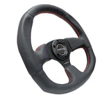 NRG Reinforced Flat Bottom Steering Wheel - Black Spoke/Black Leather/Red Stitch