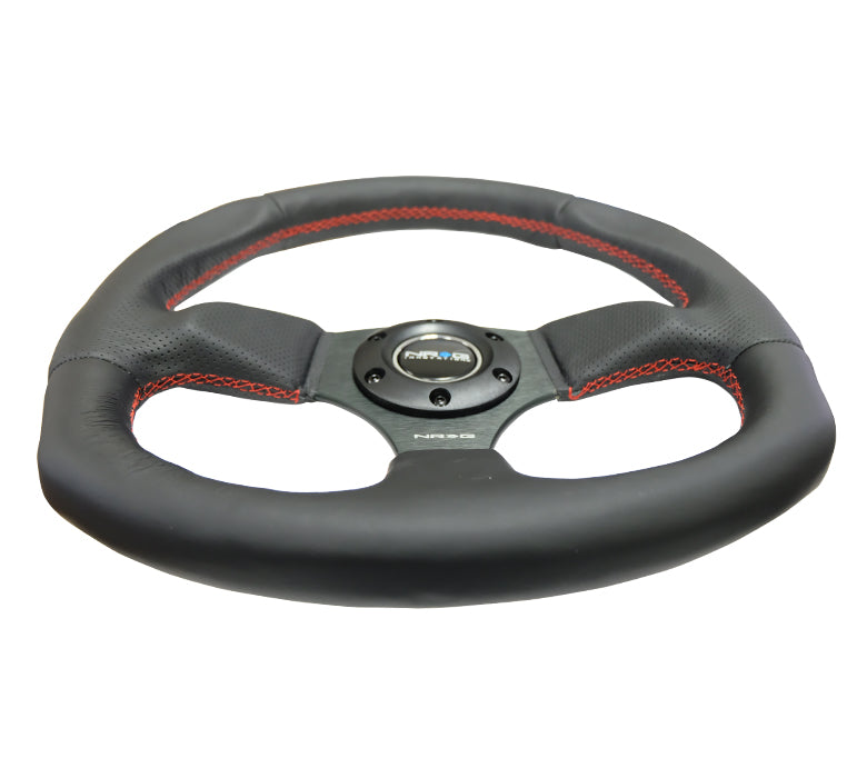 NRG Reinforced Flat Bottom Steering Wheel - Black Spoke/Black Leather/Red Stitch