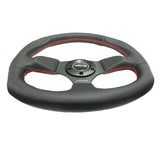 NRG Reinforced Flat Bottom Steering Wheel - Black Spoke/Black Leather/Red Stitch