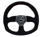 NRG Reinforced Flat Bottom Steering Wheel - Black Spoke/Black Suede/Red Stitch