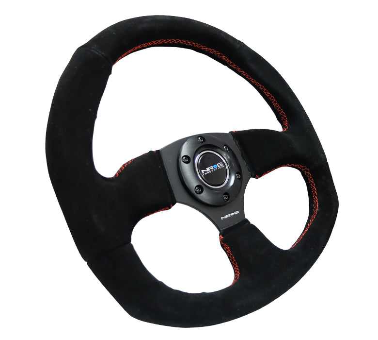 NRG Reinforced Flat Bottom Steering Wheel - Black Spoke/Black Suede/Red Stitch