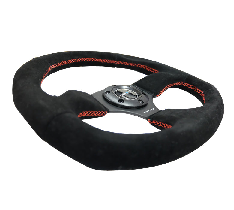NRG Reinforced Flat Bottom Steering Wheel - Black Spoke/Black Suede/Red Stitch