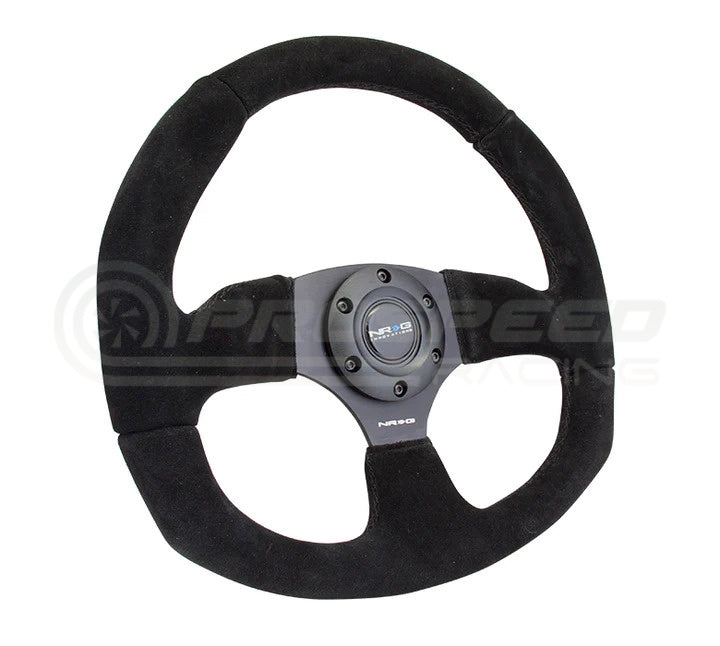 NRG Reinforced Flat Bottom Steering Wheel - Black Spoke/Black Suede/Black Stitch