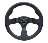 NRG Reinforced 320mm Race Steering Wheel - Black Spoke/Black Leather/Blue Stitch