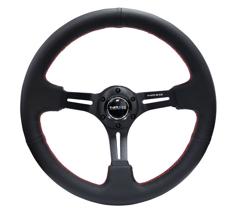 NRG Reinforced 350mm Sport 3" Deep Dish Steering Wheel - Black Slot Spoke/Black Leather/Red Stitch