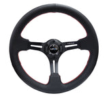 NRG Reinforced 350mm Sport 3" Deep Dish Steering Wheel - Black Slot Spoke/Black Leather/Red Stitch