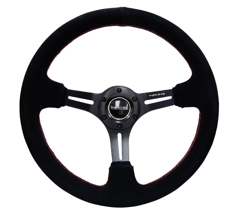 NRG Reinforced 350mm Sport 3" Deep Dish Steering Wheel - Black Slot Spoke/Black Suede/Red Stitch