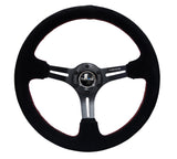NRG Reinforced 350mm Sport 3" Deep Dish Steering Wheel - Black Slot Spoke/Black Suede/Red Stitch