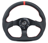 NRG Reinforced Small Flat Bottom Steering Wheel - Black Spoke/Black Leather/Red Stitch w/Red Stripe