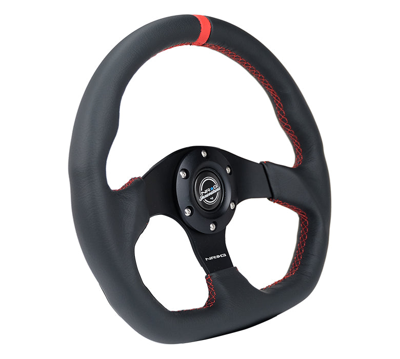 NRG Reinforced Small Flat Bottom Steering Wheel - Black Spoke/Black Leather/Red Stitch w/Red Stripe