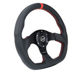NRG Reinforced Small Flat Bottom Steering Wheel - Black Spoke/Black Leather/Red Stitch w/Red Stripe