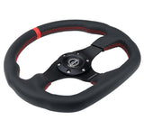 NRG Reinforced Small Flat Bottom Steering Wheel - Black Spoke/Black Leather/Red Stitch w/Red Stripe
