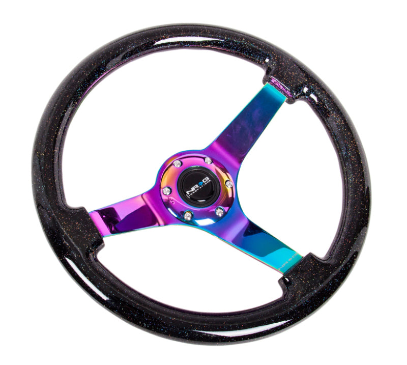 NRG Reinforced 350mm Sport 3" Deep Dish Steering Wheel - Neochrome Solid Spoke/Black Sparkled Flake Wood Grain