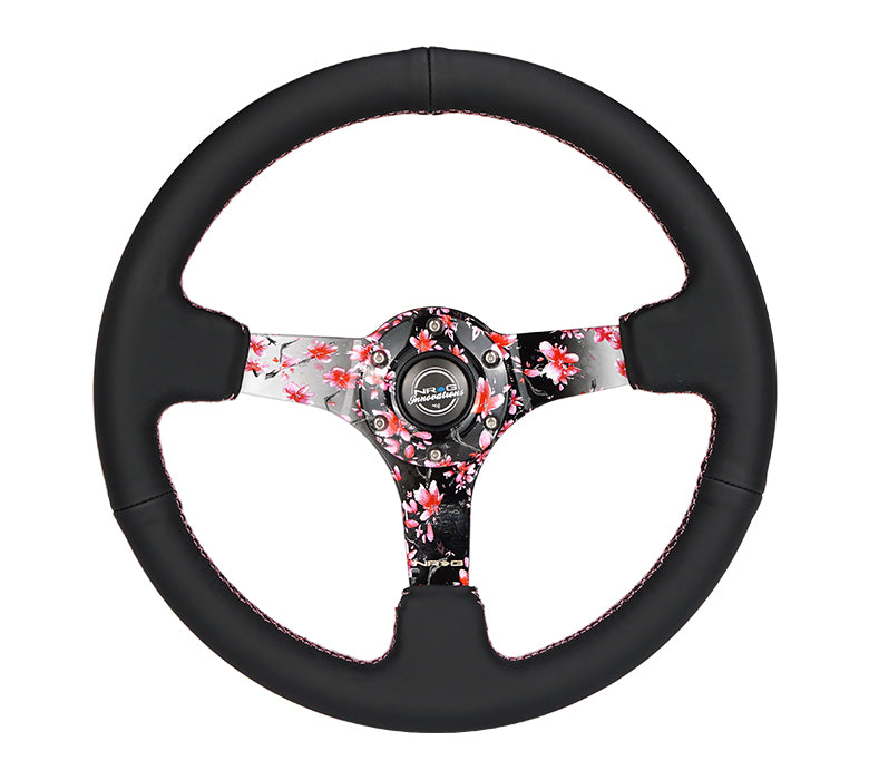 NRG Reinforced 350mm Sport 3" Deep Dish Steering Wheel - Floral Solid Spoke/Black Leather/Pink Stitch