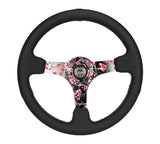 NRG Reinforced 350mm Sport 3" Deep Dish Steering Wheel - Floral Solid Spoke/Black Leather/Pink Stitch