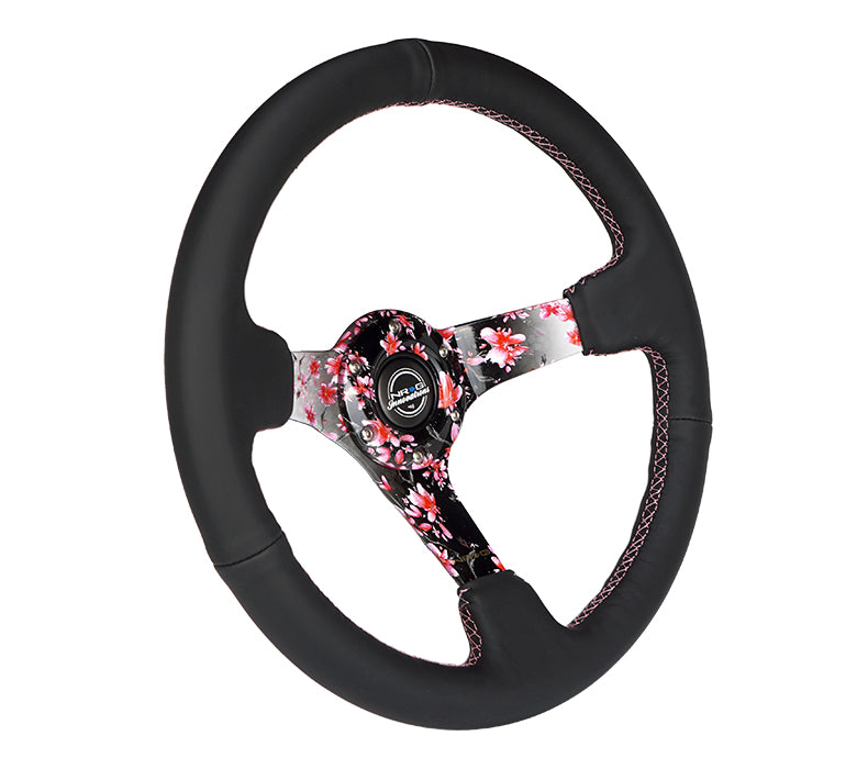 NRG Reinforced 350mm Sport 3" Deep Dish Steering Wheel - Floral Solid Spoke/Black Leather/Pink Stitch