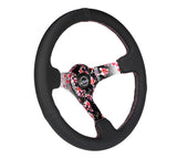 NRG Reinforced 350mm Sport 3" Deep Dish Steering Wheel - Floral Solid Spoke/Black Leather/Pink Stitch