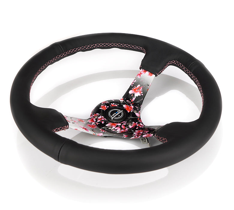 NRG Reinforced 350mm Sport 3" Deep Dish Steering Wheel - Floral Solid Spoke/Black Leather/Pink Stitch