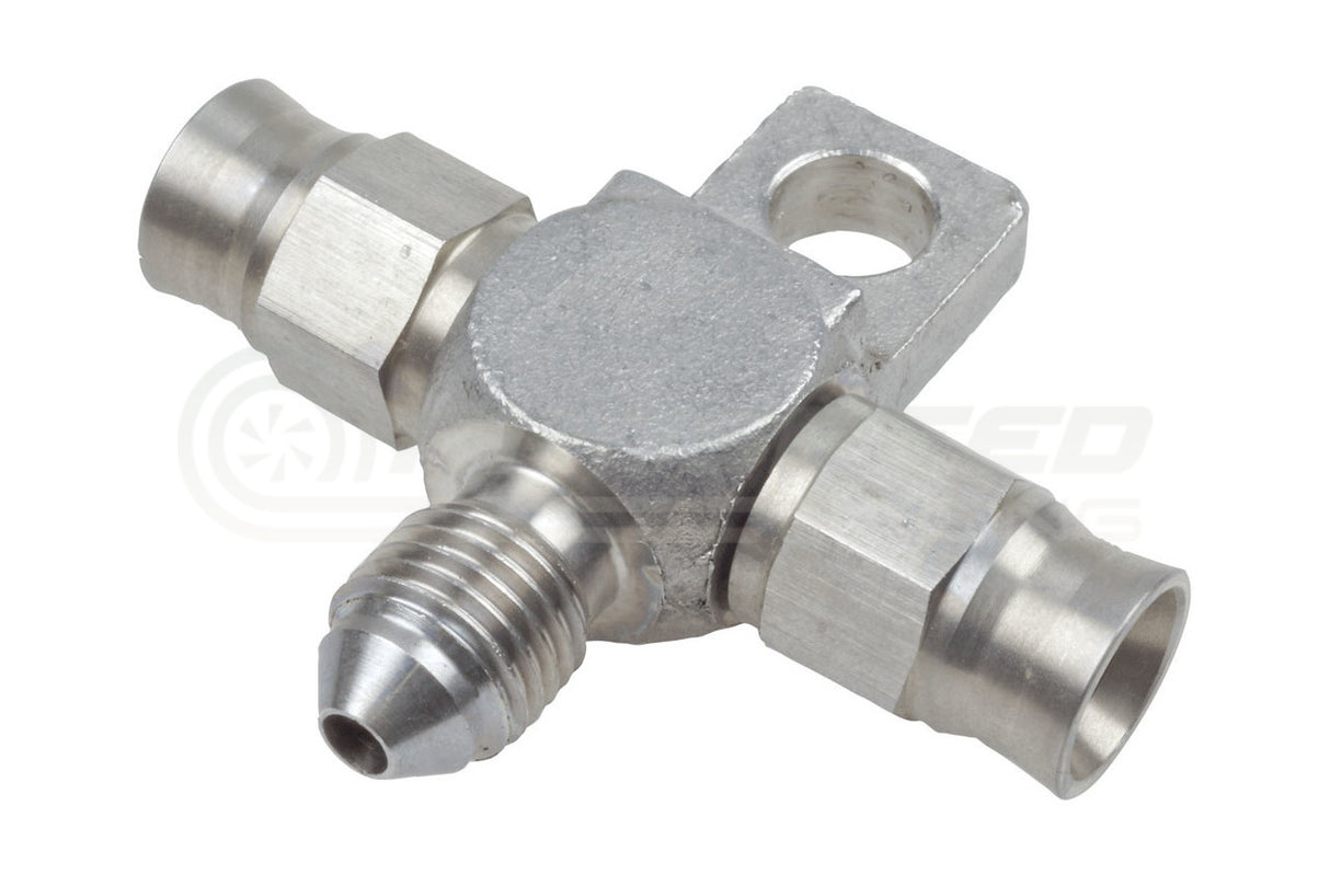 Raceworks 200 Series AN-3 Stainless Steel Teflon Hose End Tee to AN-3 Male Flare With Bracket RWF-26