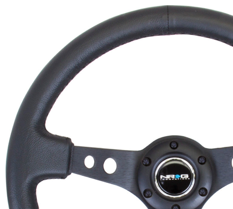 NRG Reinforced 350mm Sport 3" Deep Dish Steering Wheel - Black Hole Spoke/Black Leather/Black Stitch