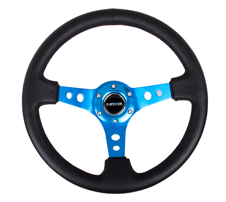 NRG Reinforced 350mm Sport 3" Deep Dish Steering Wheel - Blue Hole Spoke/Black Leather/Black Stitch