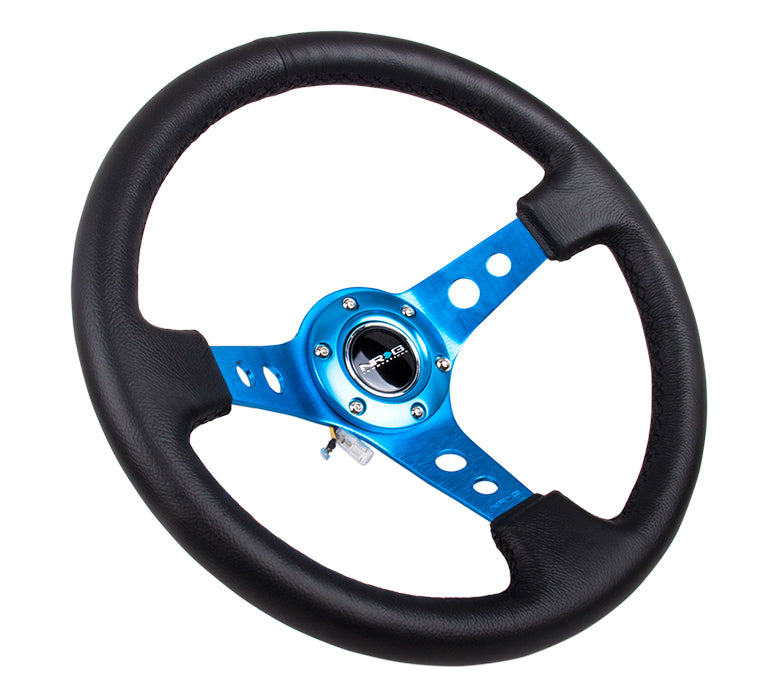 NRG Reinforced 350mm Sport 3" Deep Dish Steering Wheel - Blue Hole Spoke/Black Leather/Black Stitch