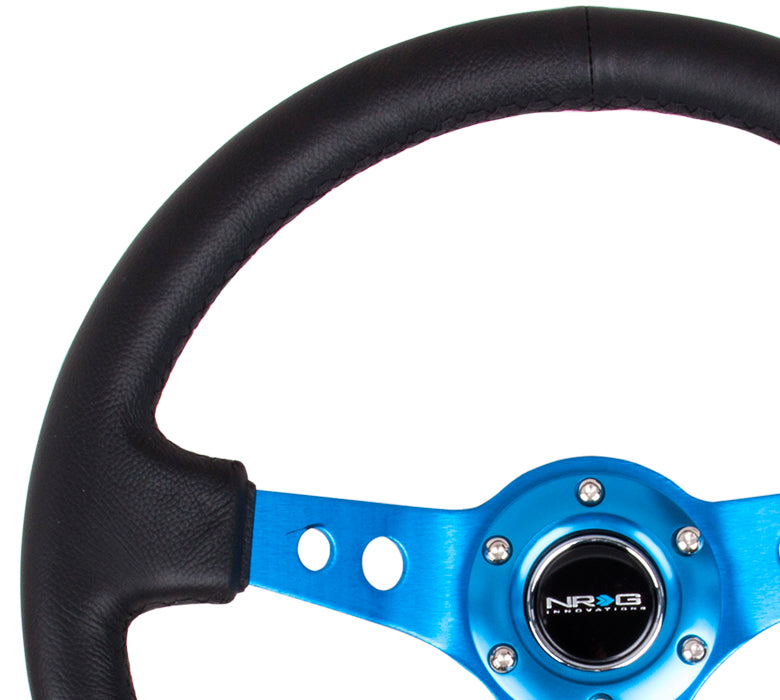 NRG Reinforced 350mm Sport 3" Deep Dish Steering Wheel - Blue Hole Spoke/Black Leather/Black Stitch