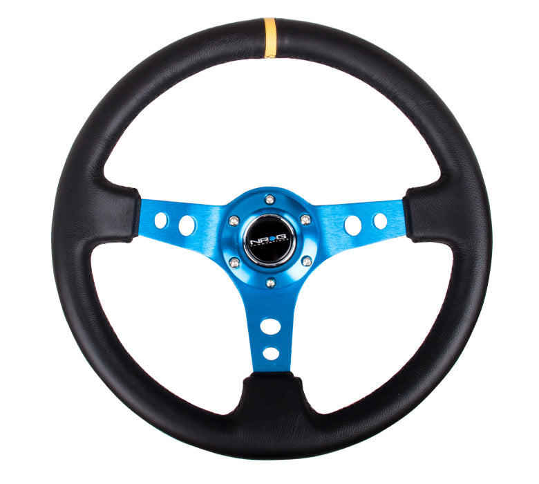 NRG Reinforced 350mm Sport 3" Deep Dish Steering Wheel - Blue Hole Spoke/Black Leather/Black Stitch w/Yellow Stripe