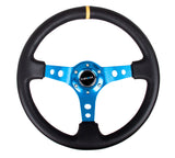 NRG Reinforced 350mm Sport 3" Deep Dish Steering Wheel - Blue Hole Spoke/Black Leather/Black Stitch w/Yellow Stripe