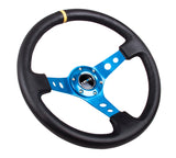 NRG Reinforced 350mm Sport 3" Deep Dish Steering Wheel - Blue Hole Spoke/Black Leather/Black Stitch w/Yellow Stripe