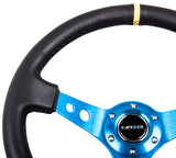 NRG Reinforced 350mm Sport 3" Deep Dish Steering Wheel - Blue Hole Spoke/Black Leather/Black Stitch w/Yellow Stripe
