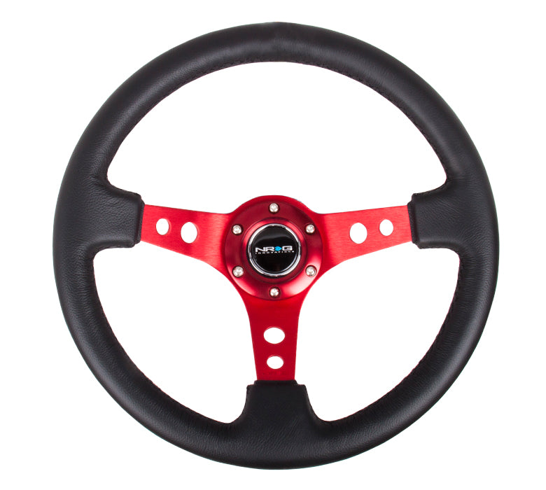 NRG Reinforced 350mm Sport 3" Deep Dish Steering Wheel - Red Hole Spoke/Black Leather/Black Stitch