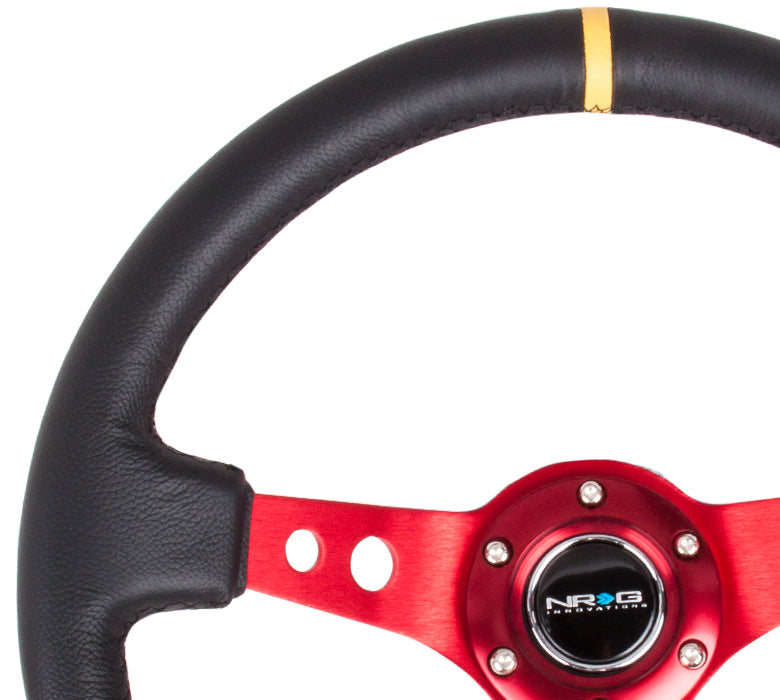 NRG Reinforced 350mm Sport 3" Deep Dish Steering Wheel - Red Hole Spoke/Black Leather/Black Stitch w/Yellow Stripe