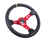 NRG Reinforced 350mm Sport 3" Deep Dish Steering Wheel - Red Hole Spoke/Black Leather/Black Stitch w/Yellow Stripe