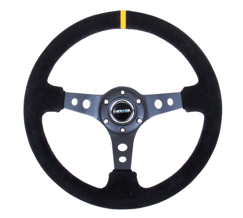 NRG Reinforced 350mm Sport 3" Deep Dish Steering Wheel - Black Hole Spoke/Black Suede/Black Stitch w/Yellow Stripe